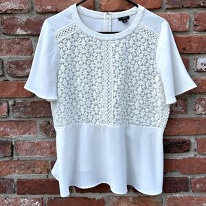 Ann Taylor Elegant White Lacy Embroidery Women's Peplum Top 12P